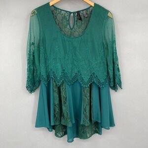 BKE Boutique Lace Chiffon Layered Top Women Large Green Boho Sheer Mesh Western